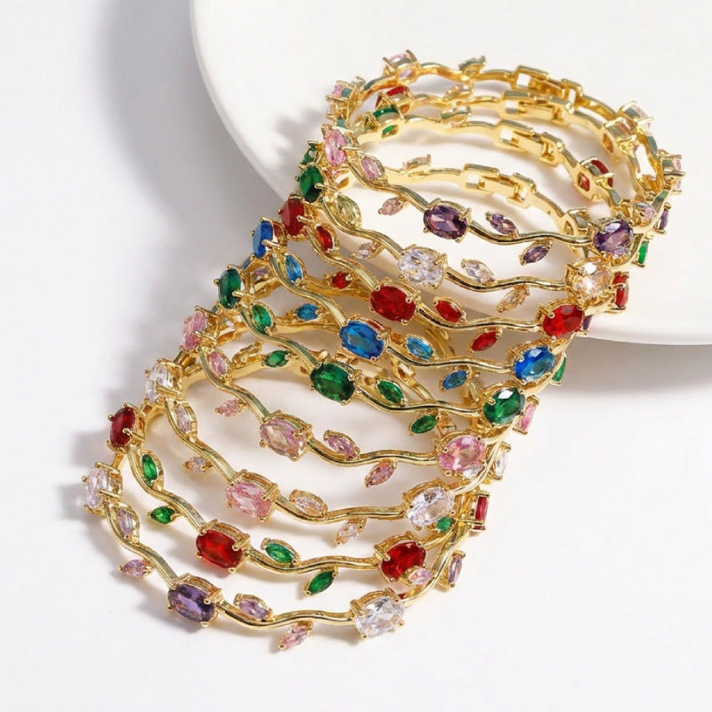 Elegant Gold Plated Brass Tulip Flower Bracelet with Rhinestone Gemstone Inlay for Women