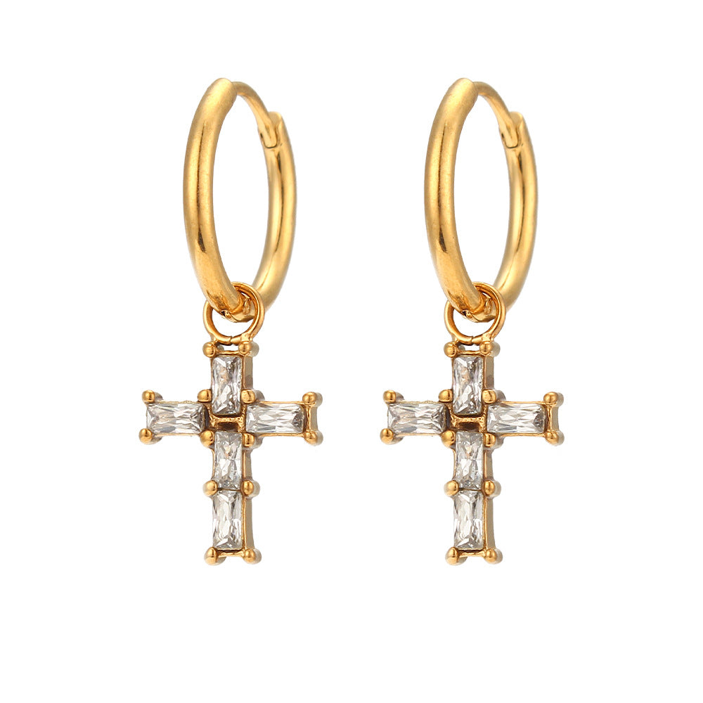 Fashionable Geometric Cross Earrings in Stainless Steel with 18K Gold Plating and Zircon Accents