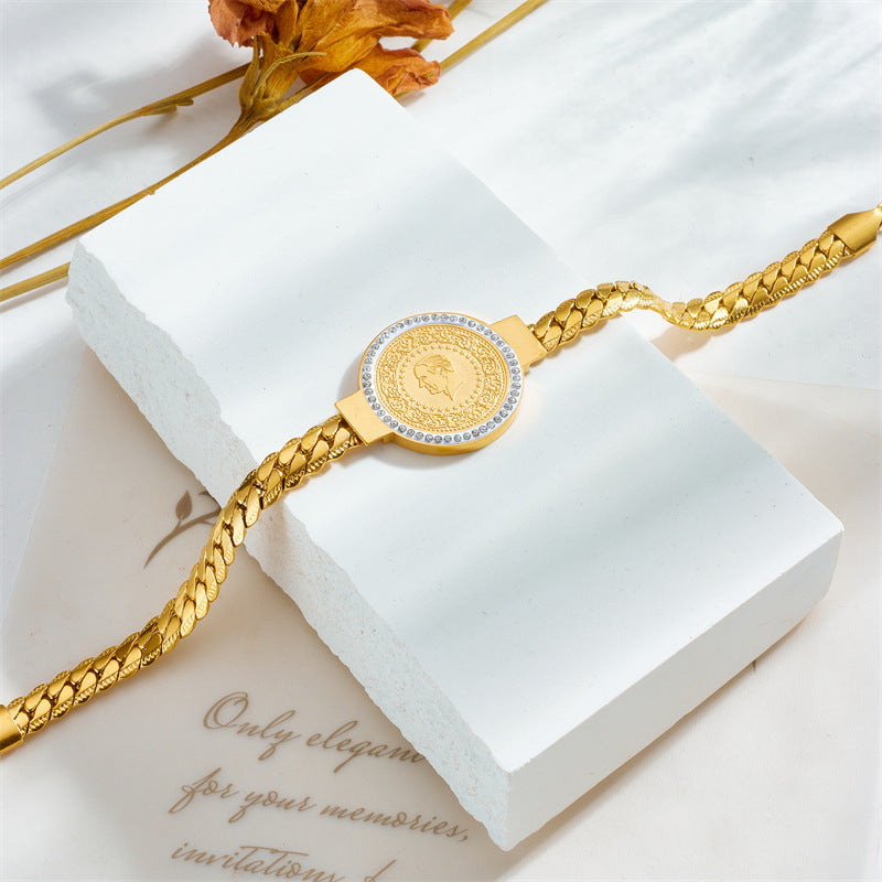 Vintage-Inspired Fashion Bracelet with Round Pendant, Titanium Steel Snake Chain, Electroplated Finish for Women