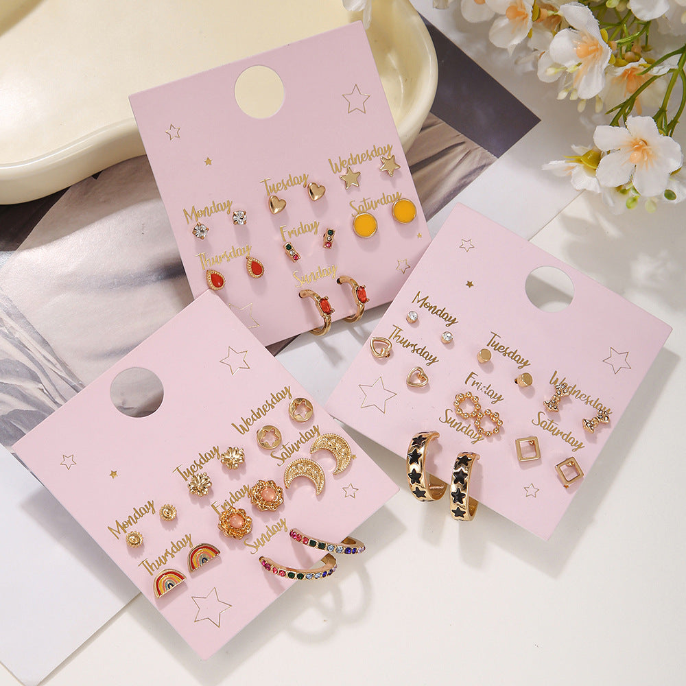 Minimalist Sweet Geometric Floral Rhinestone Inlay Alloy Stud Earrings Set with Stainless Steel Posts
