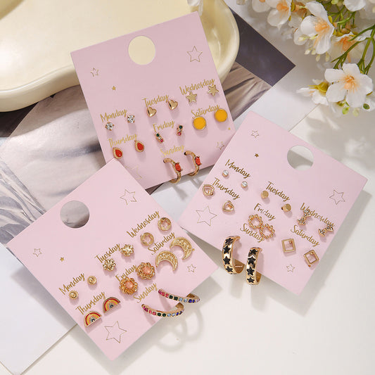 Minimalist Sweet Geometric Floral Rhinestone Inlay Alloy Stud Earrings Set with Stainless Steel Posts