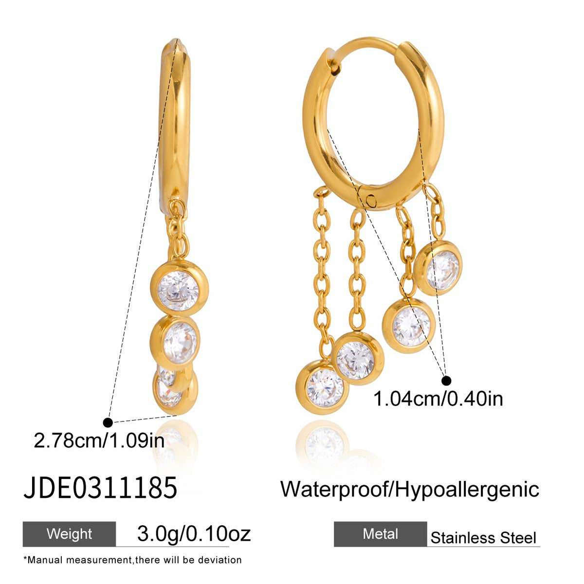 Geometric Stainless Steel Gold Plated Cubic Zirconia Tassel Earrings for Women