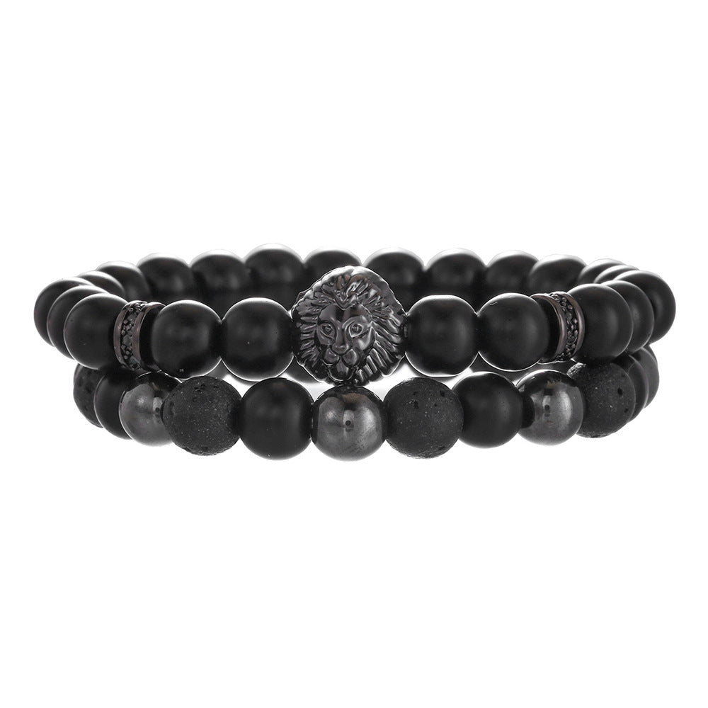 Matte Black Geometric Leopard Head Bracelet with Micro-set Cubic Zirconia and Round Spacers