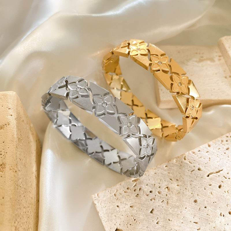 Vintage Geometric Floral Hollow Plated Titanium Steel Bracelet for Women