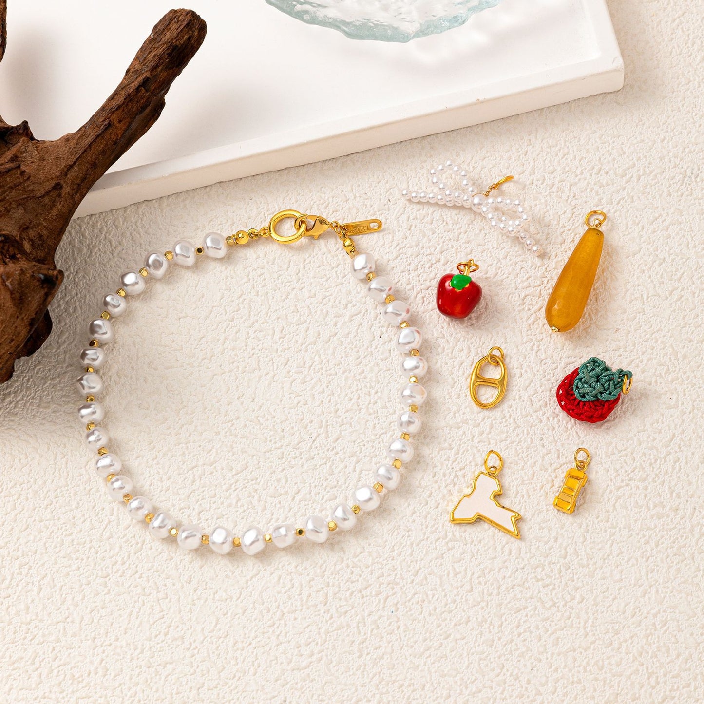 Colorful Fruit Apple Strawberry Pearl Bow Plated Brass Charm Bar