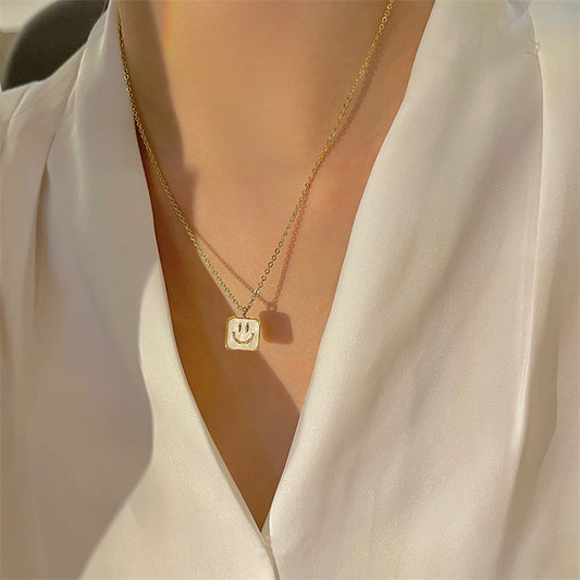 Minimalist Geometric Mother-of-Pearl Smiley Pendant Necklace in Titanium Steel with Plated Finish for Women