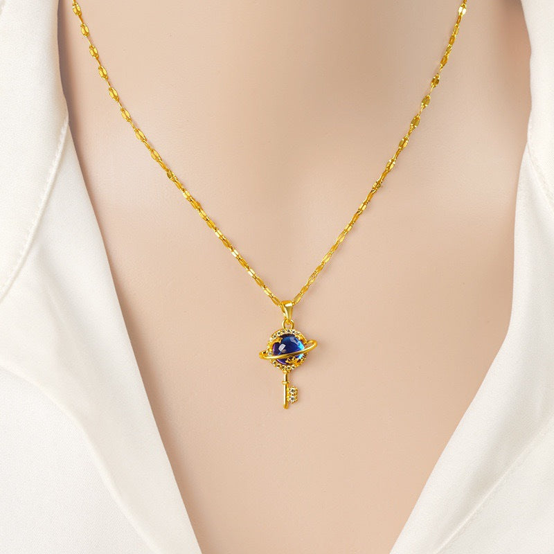 Romantic Starry Sky Glass Stone Key Pendant Necklace in Titanium Steel with Plated Finish on O-Chain