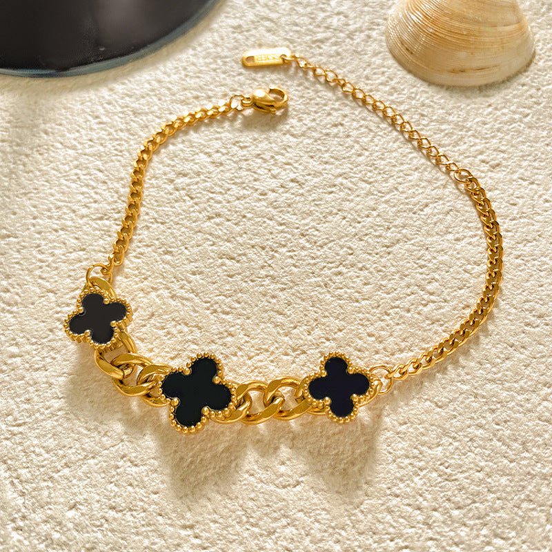 Black Four-Leaf Clover Floral Titanium Steel Plated Bracelet Unisex
