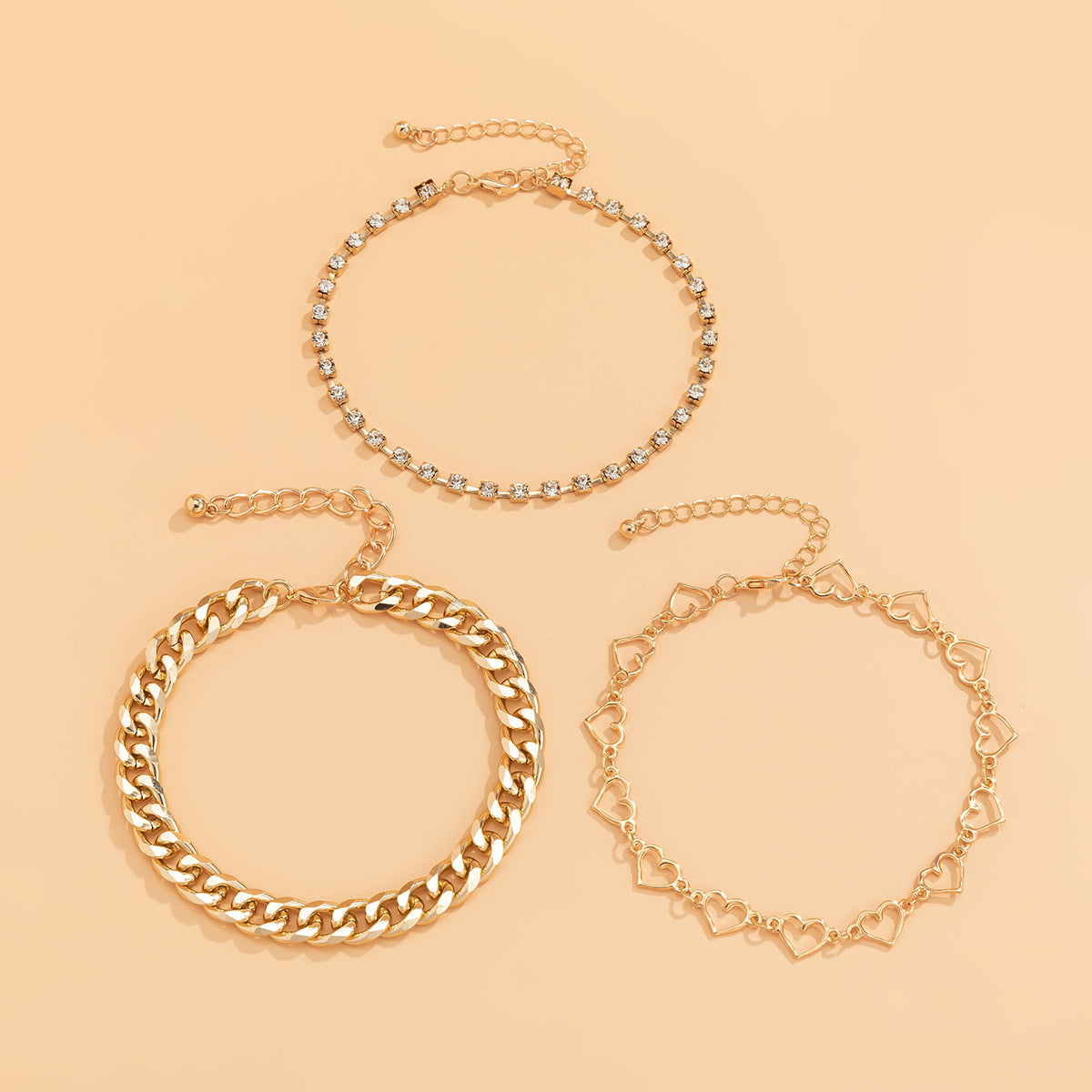 Hip-hop Minimalist Heart Alloy Rhinestone Anklet Set for Women