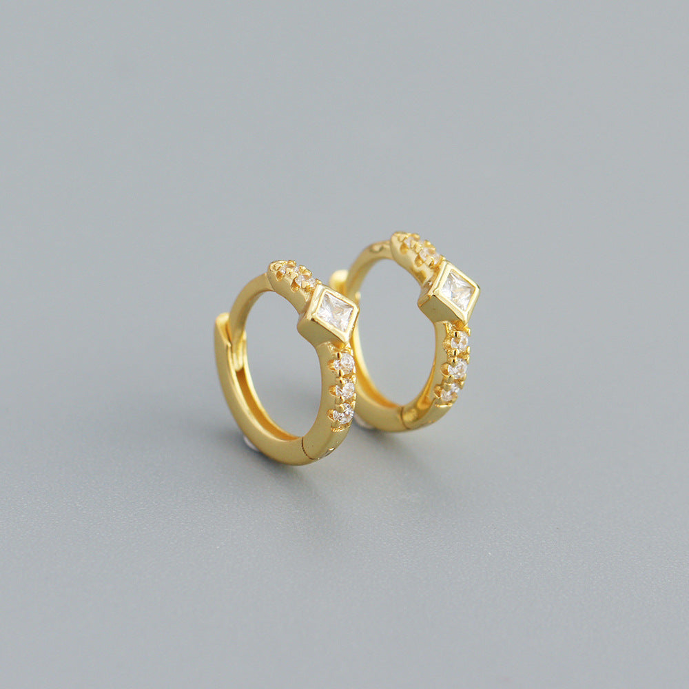 Minimalist Geometric S925 Sterling Silver Hoop Earrings with Rhinestone Inlay for Women