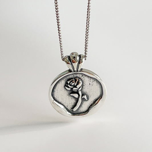 Vintage 925 Sterling Silver Round Heart Floral Plated Necklace with Ball and Serpentine Chain