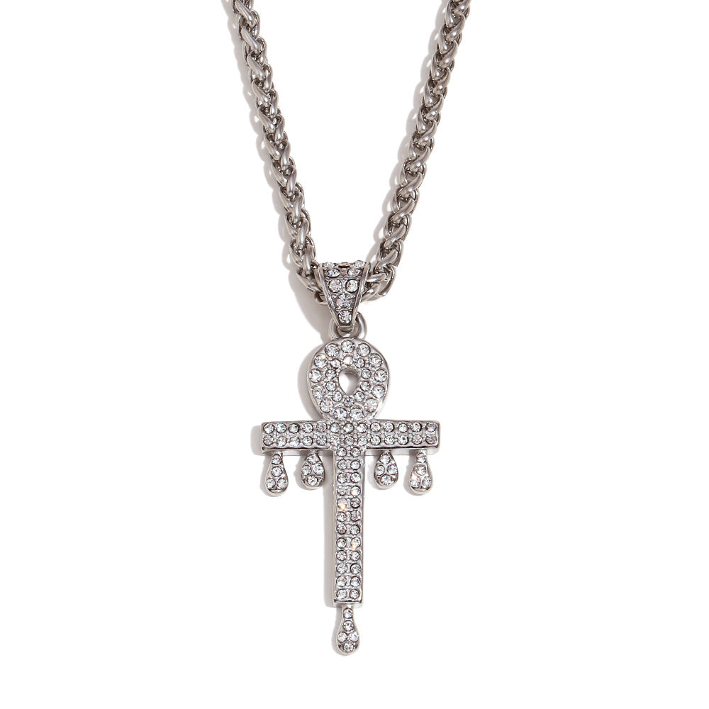 Collar con colgante en forma de llave minimalista para mujer, de acero inoxidable con chapado en oro de 18 quilates y incrustaciones completas de diamantes de imitación en cadena trenzada