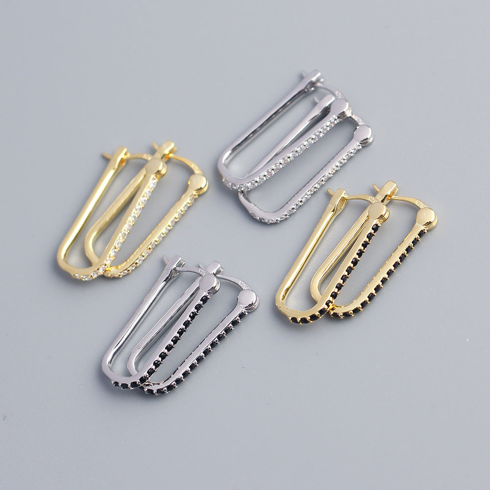 Minimalist 925 Sterling Silver Geometric Rectangle Inlaid Diamond Hoop Earrings for Women