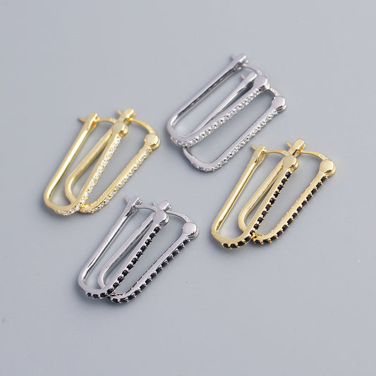 Minimalist 925 Sterling Silver Geometric Rectangle Inlaid Diamond Hoop Earrings for Women