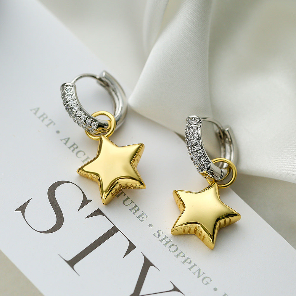 Orecchini da donna in zircone a forma di stella e luna asimmetrici minimalisti in rame con design geometrico