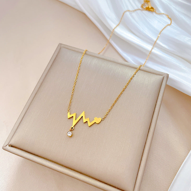 Minimalist Titanium Steel Heartbeat Wave Pendant Necklace for Women with Gold Plated Finish and Clavicle Chain Design