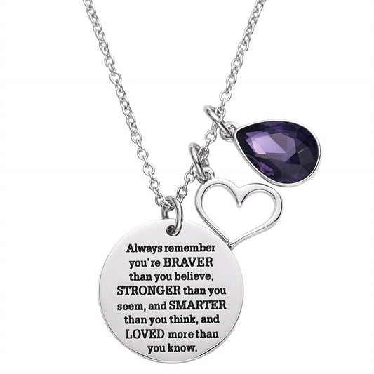Natural and Fresh Sweet Heart-Shaped Hollow Stainless Steel Pendant Necklace with Engraving, 12-Birthstone Round Charm, Polished Finish, O-Chain for Women