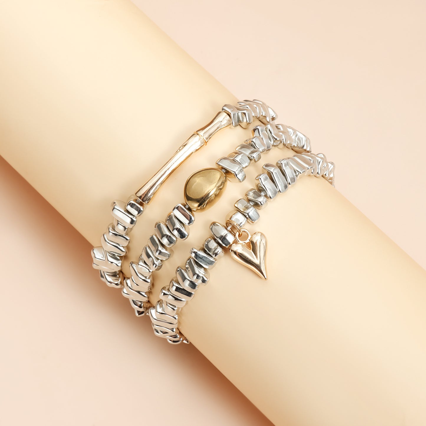 Geometric Heart Round Metal Resin Imitation Pearl Beaded Bracelet Plated