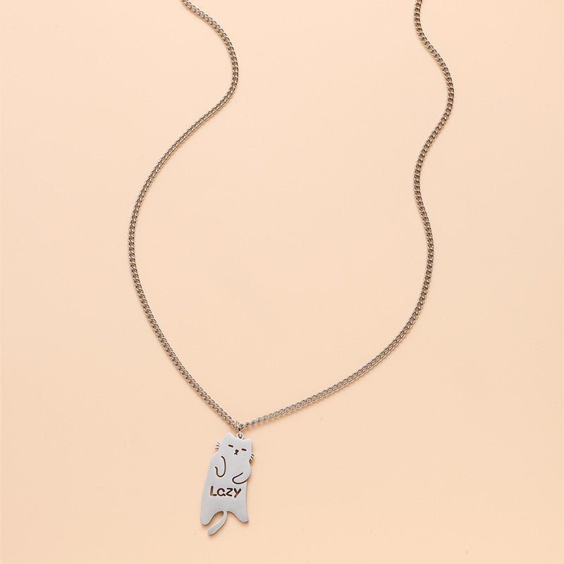 Minimalist Geometric Cat Pendant Necklace in Stainless Steel with Polished Titanium Steel Charm for Unisex Everyday Wear