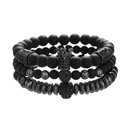 Sporty Crown Black Agate Beaded Bracelet for Men and Women
