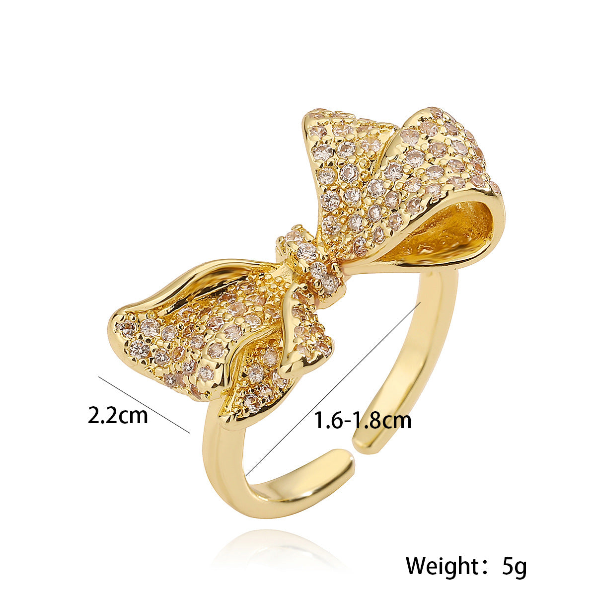 Fashionable Bowknot-Shaped Adjustable Ring for Women Made of Copper with 18K Gold Plating and Micro-Pavé Zirconia