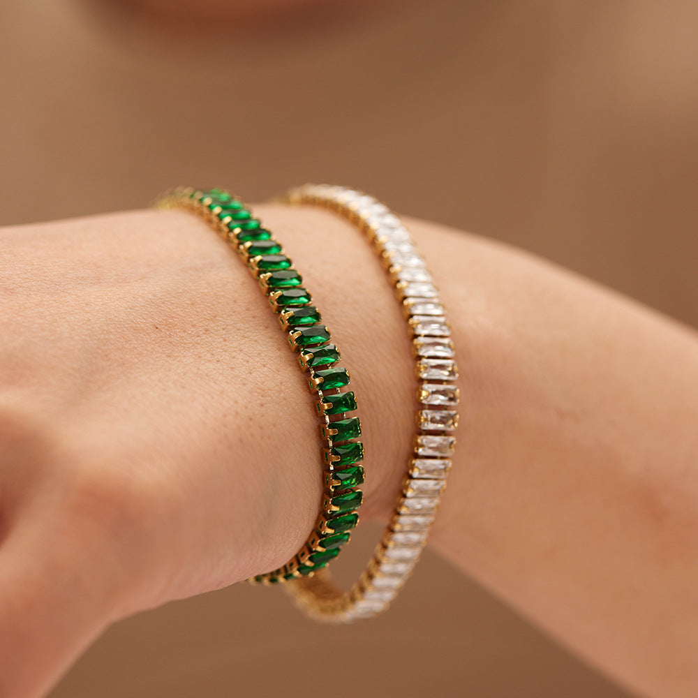Minimalist Geometric Titanium Steel Bracelet with Full Zirconia Inlay and 18K Vacuum Gold Plating for Women