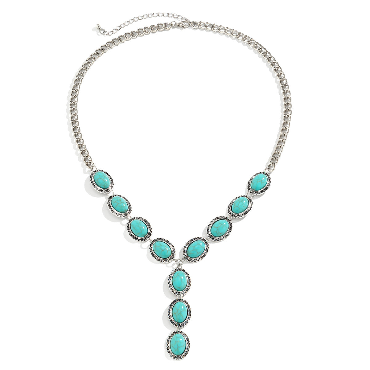Vintage Bohemian Y-Shaped Tassel Necklace with Turquoise Heart Pendant in Alloy with Plated Finish