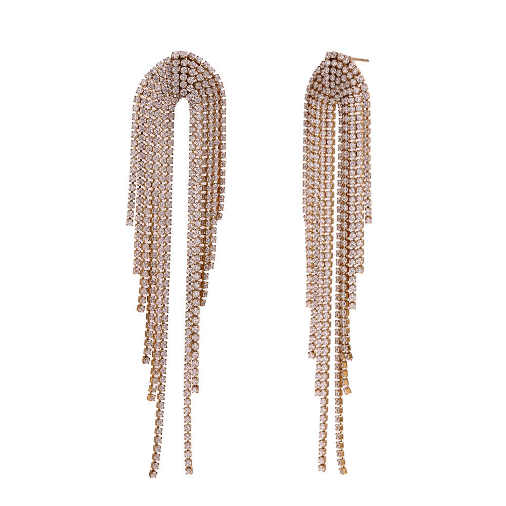 Fashionable Geometric Stainless Steel Earrings with 18K Gold Plating and Zircon Accent Tassels for Women