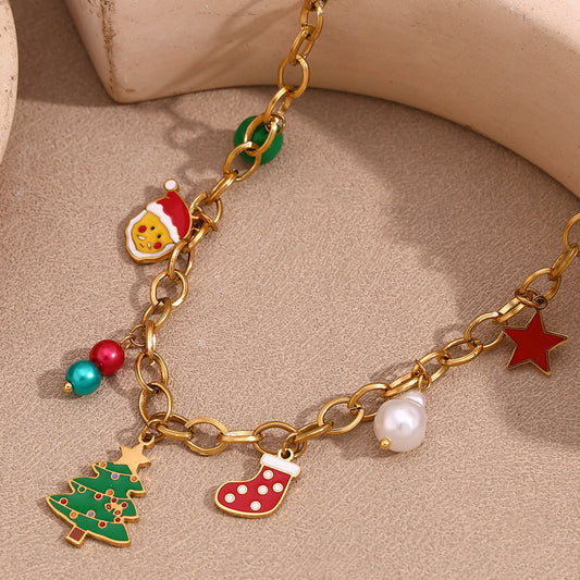 Collar con colgante de árbol de Navidad de dibujos animados para mujer, de acero inoxidable con chapado en oro de 18 quilates, cadena hecha a mano