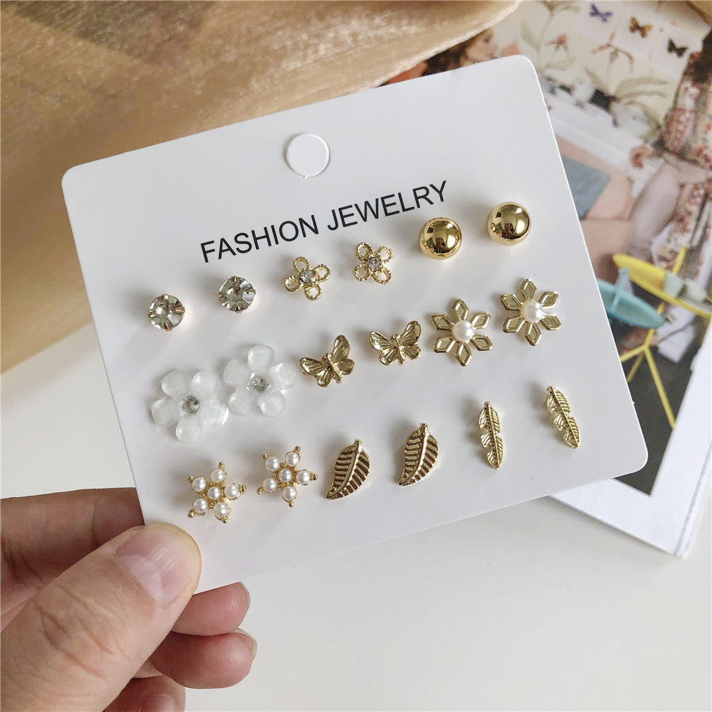 Gold Plated Stainless Steel Geometric Flower Leaf Star Butterfly Rhinestone Inlay Earrings Set with Floral Pattern