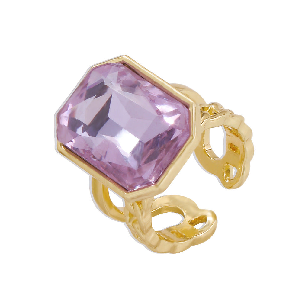 Anillo de aleación geométrica dulce y atrevido con incrustaciones de pedrería y banda de moda ajustable con acabado galvanizado