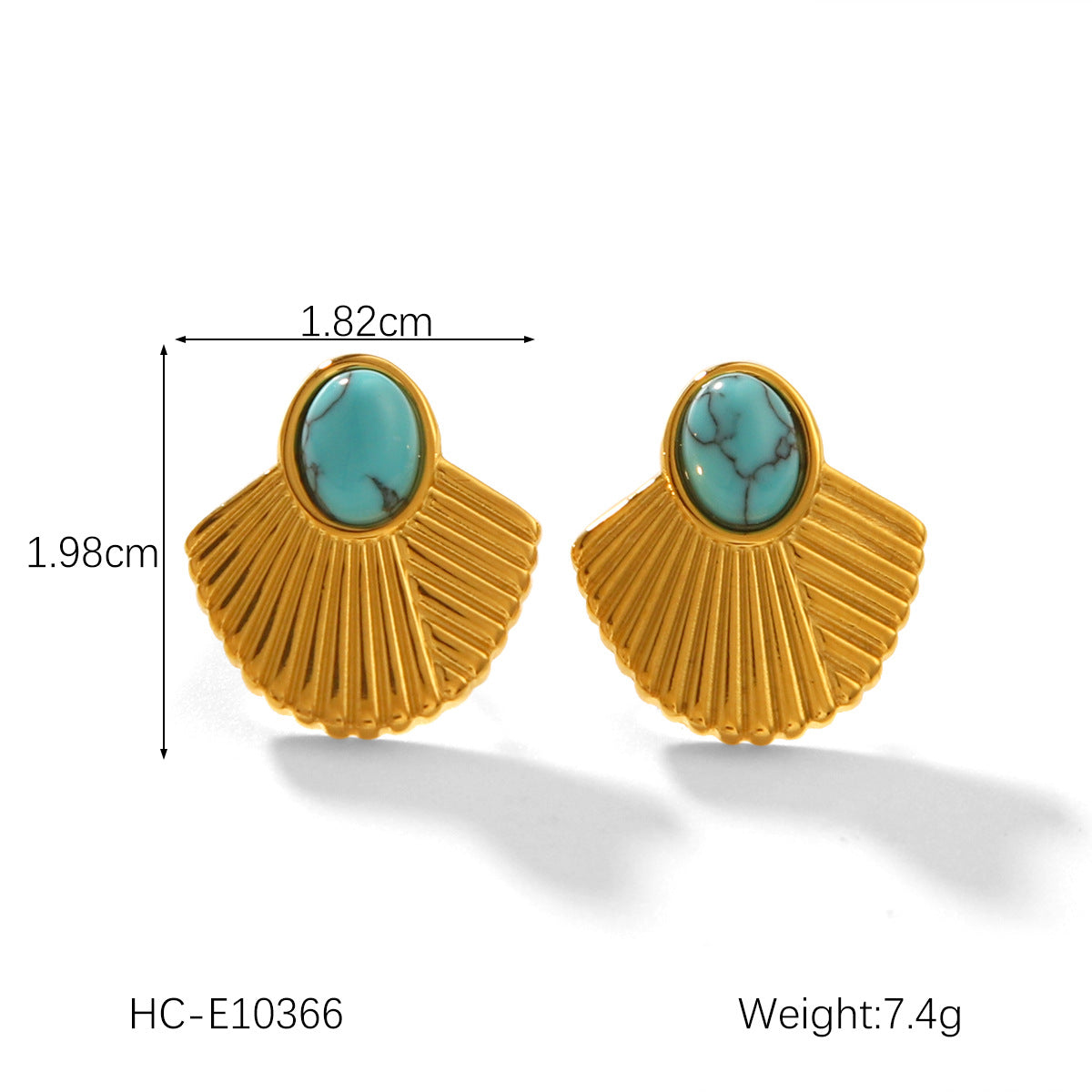 Vintage French Style 18K Gold Plated Titanium Steel Fan Shaped Geometric Earrings with Turquoise Inlay for Women