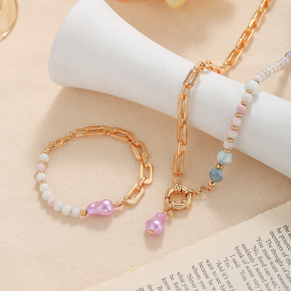 Fashion Geometric Round Imitation Pearl Plated Alloy Necklace and Bracelet Set