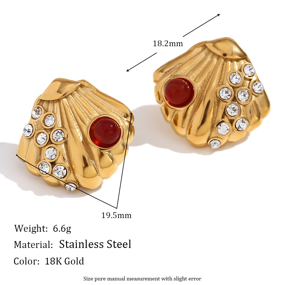 Orecchini a perno con rubino placcati in oro 18 carati in acciaio inossidabile con conchiglia geometrica vintage alla moda per donna