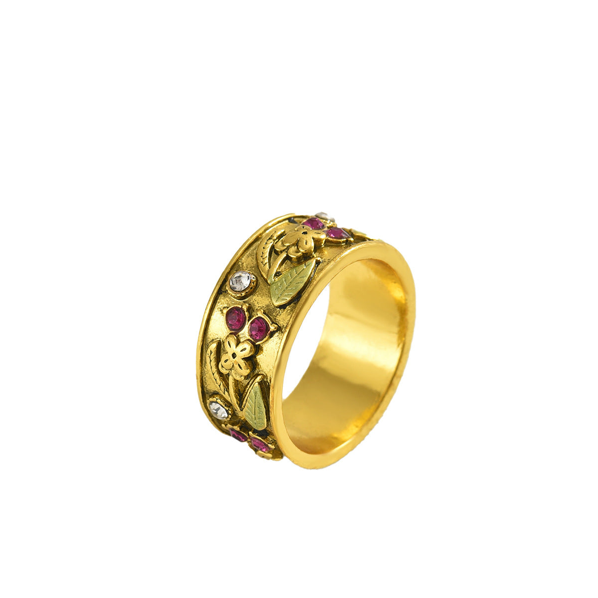 Anello vintage da donna in lega di zinco con strass intarsiati e motivo floreale geometrico in stile reale
