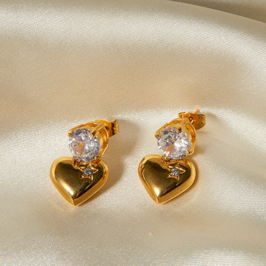 Minimalist Geometric Stainless Steel Pendant Earrings with 18K Gold Plating and Cubic Zirconia Heart Accent