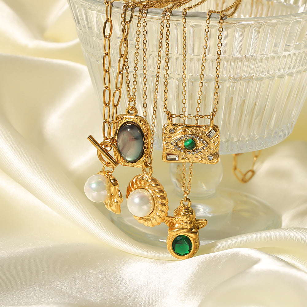 Collana Minimalista Geometrica in Acciaio Titanio con Pendente di Perla d'Acqua Dolce su Catena O, Placcata Sottovuoto in Oro 18K