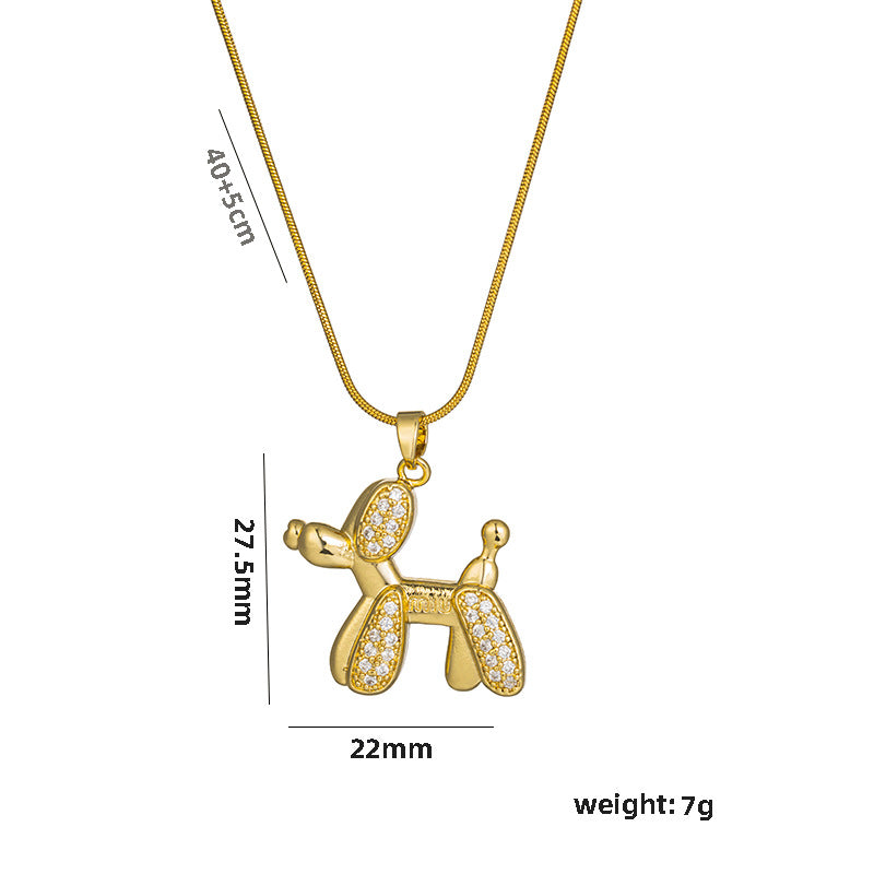 Cute Balloon Dog Pendant Necklace for Women in Titanium Steel with Rhinestone Inlay, Minimalist Korean Style Snake Chain Choker