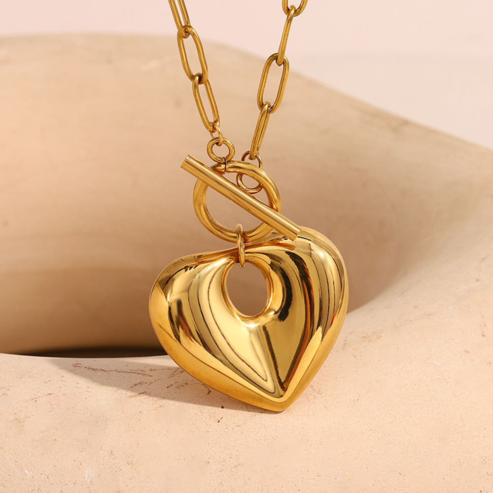 Collana con Pendente a Cuore Cavo Minimalista Vintage per Donna in Acciaio Inossidabile Placcato Oro 18K