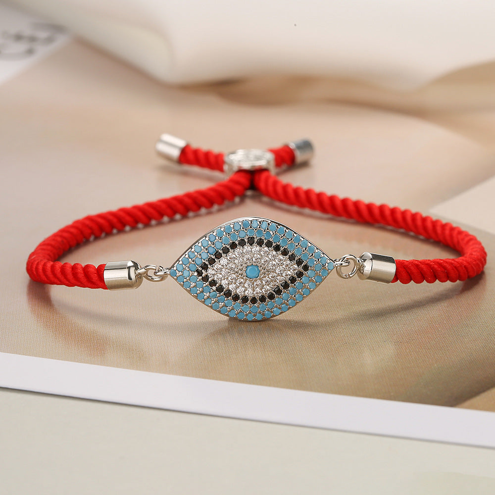 Geometric Evil Eye Rhinestone Micro-Paved Copper Bracelet for Women with Red Cord