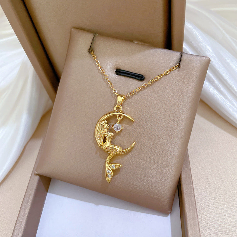 Minimalist Mermaid Shape Titanium Steel Necklace with Zircon Inlay for Women and Men, Delicate Clavicle Chain