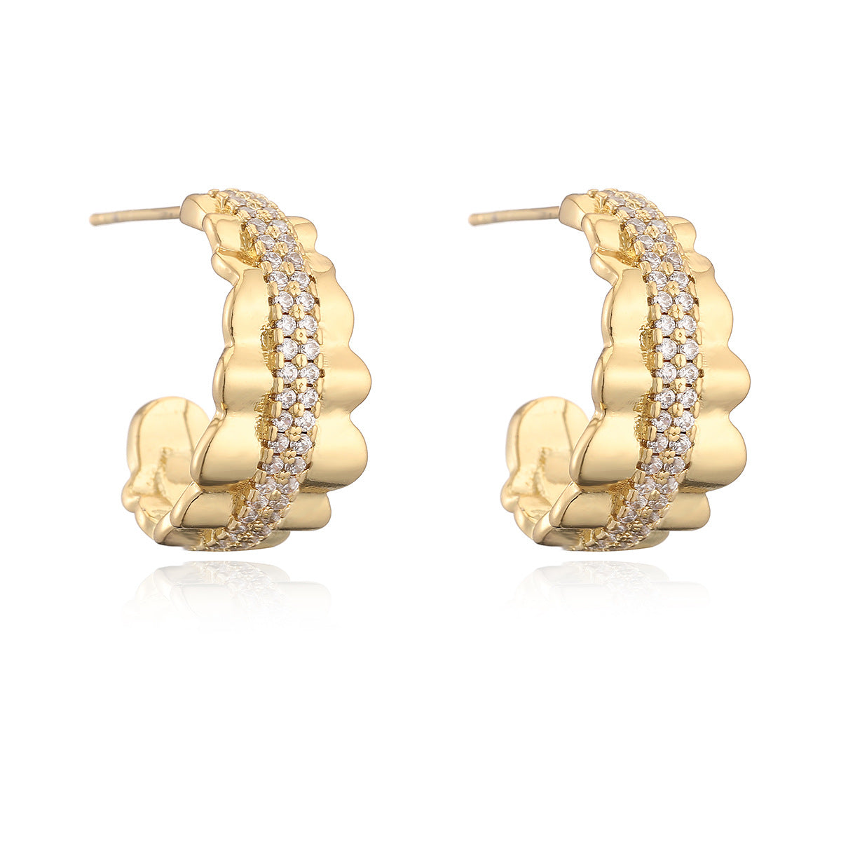 Minimalist 18K Gold Plated Brass Geometric Cubic Zirconia C-Shaped Earrings for Women