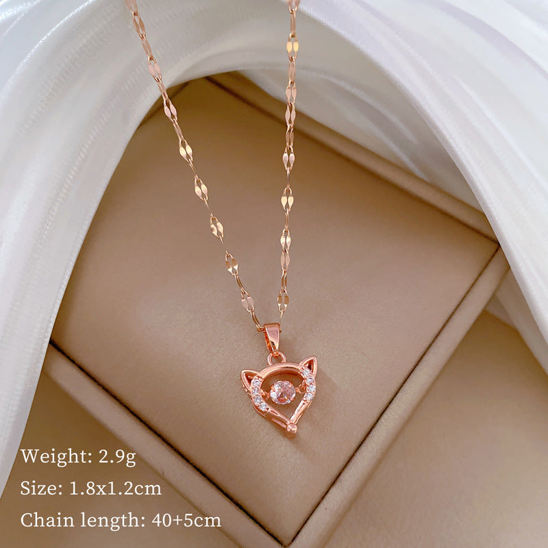 Cute Fox-Shaped Minimalist Titanium Steel Necklace with Rhinestone Inlay for Women, Dainty Clavicle Chain