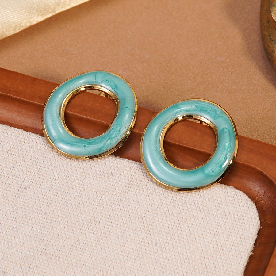Casual Round Geometric Drip Oil Stainless Steel Stud Earrings for Women