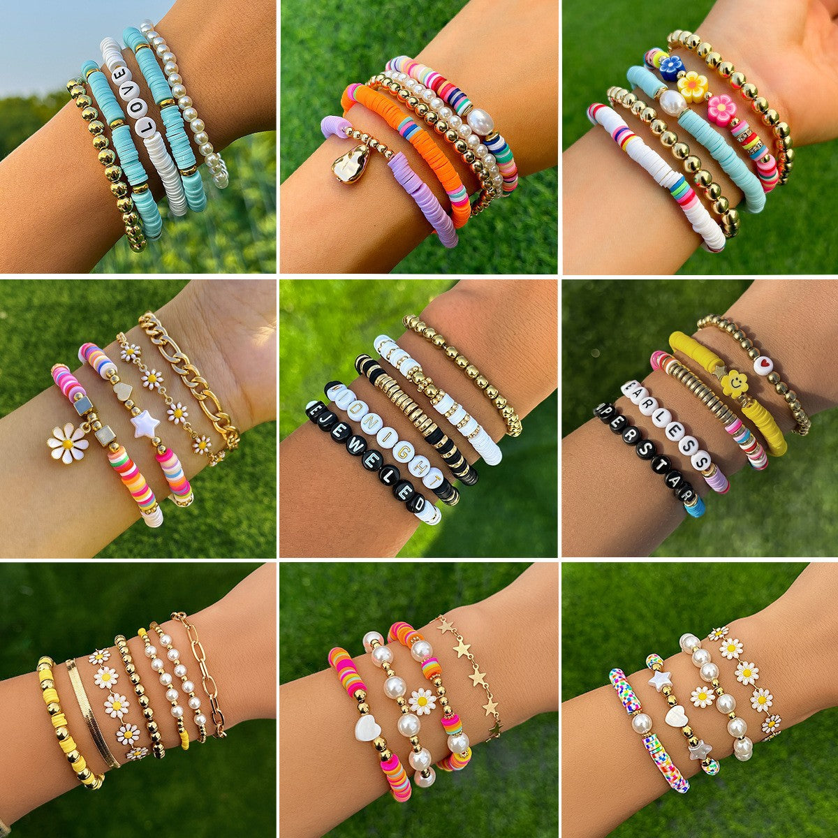 Bohemian Daisy Pearl Beaded Bracelet Set with Floral and Geometric Design for Women