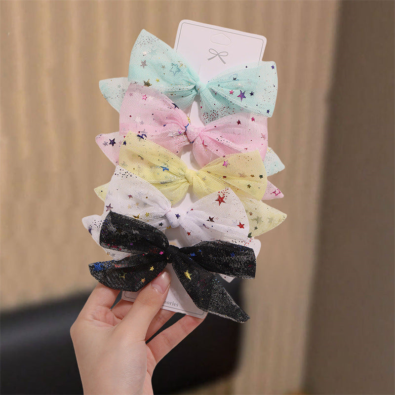 Ribbon Bow Hair Clip Set with Star and Moon Motifs, Sequins, Tulle Netting, and Ruffled Details for Girls
