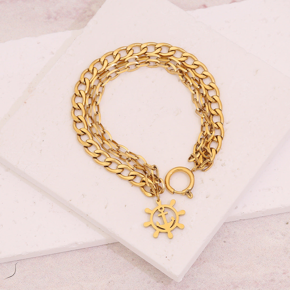 Edgy Geometric Anchor and Ship Wheel Pendant Stainless Steel Bracelet for Women with Plated Finish