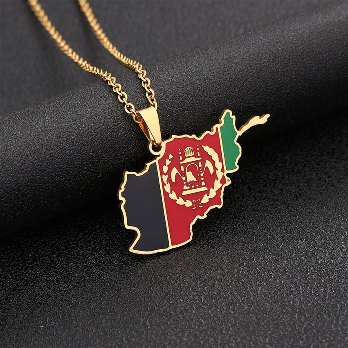 Minimalist Geometric Afghanistan Map Pendant Necklace in Stainless Steel with Titanium Steel Charm and Electroplated Finish on O-Chain