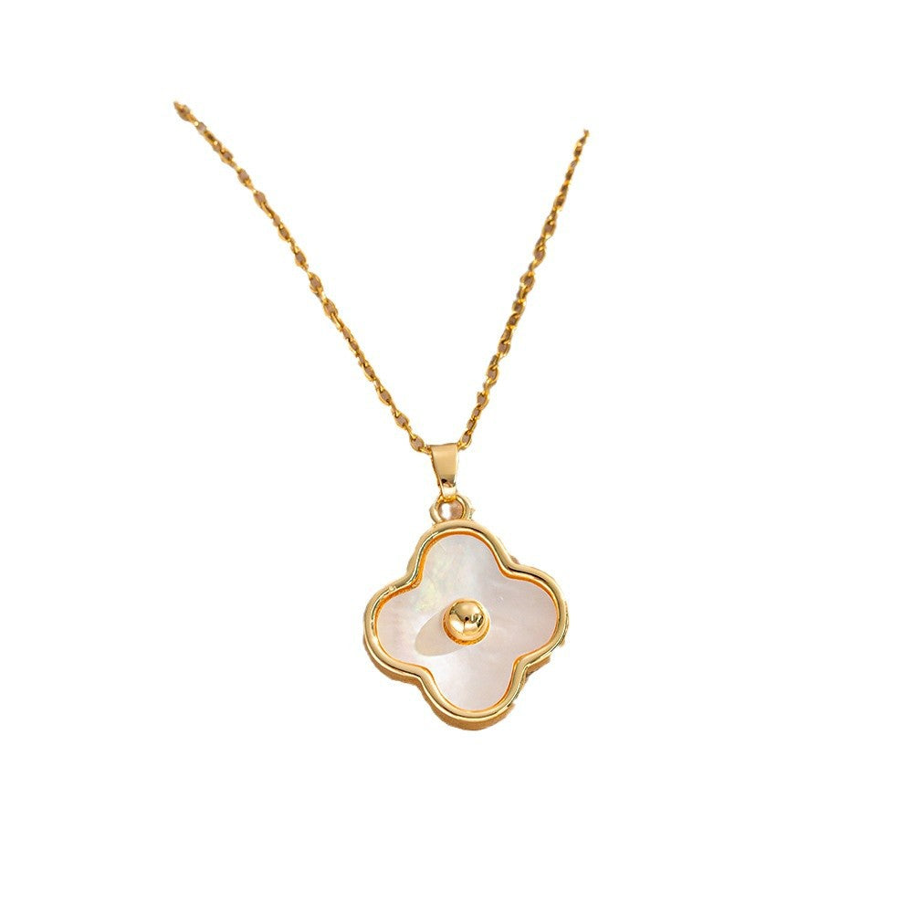 Collana con Ciondolo Trifoglio a Quattro Foglie Minimalista in Acciaio al Titanio con Placcatura in Oro Rosa 18K e Intarsio in Madreperla per Donna