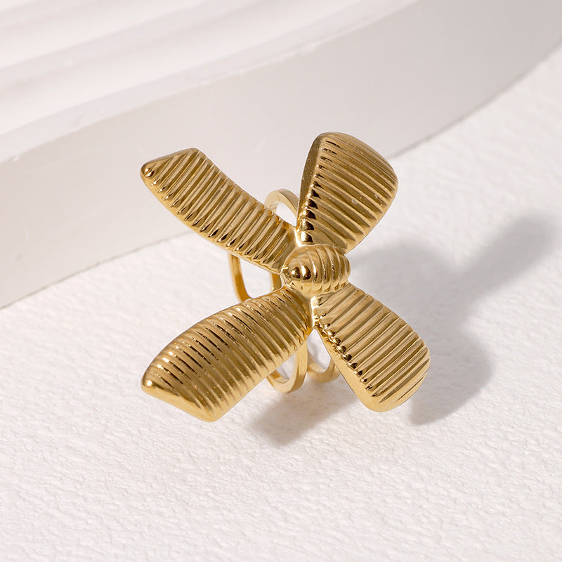 Elegant Vintage 18K Gold Plated Stainless Steel Bow Knot Stripe Open Ring for Women
